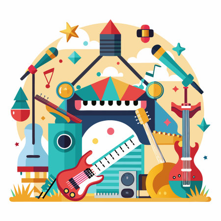 Colorful illustration of musical instruments and a piano.のイラスト素材