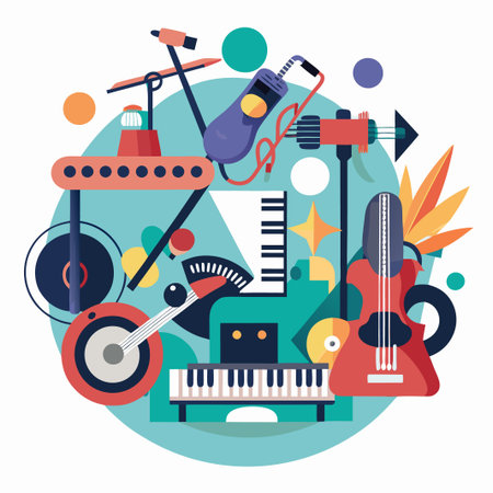 Colorful illustration of musical instruments with geometric shapes.のイラスト素材