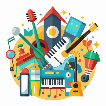 Colorful music instruments and objects.のイラスト素材