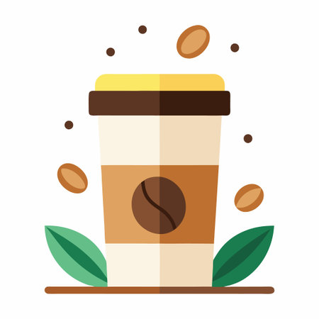 Coffee cup with coffee beans and green leaves.のイラスト素材