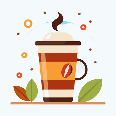 A cup of coffee with a swirl of steam and coffee beans on a light blue background.のイラスト素材