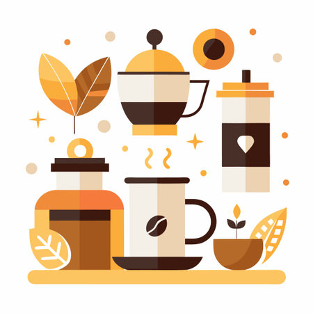 Flat design illustration of coffee beans, mugs, and leaves.のイラスト素材