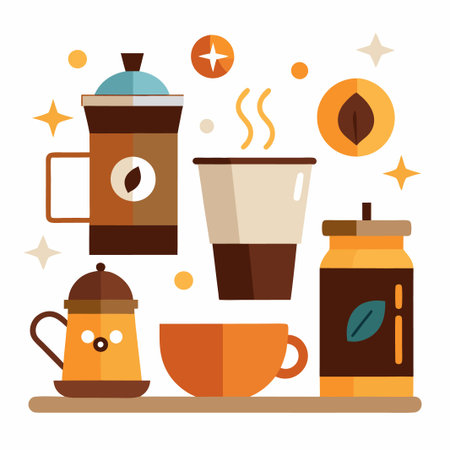 Flat design illustration of coffee and tea mugs, cups, and teapot.のイラスト素材