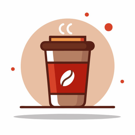 A cartoon illustration of a  cup of hot coffee with a red band, a coffee bean, and steam.のイラスト素材