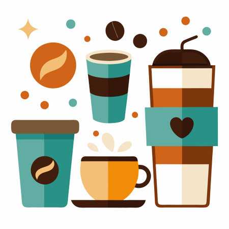 Coffee cup, mug and takeaway cup with coffee beans and splashes, isolated on white.のイラスト素材