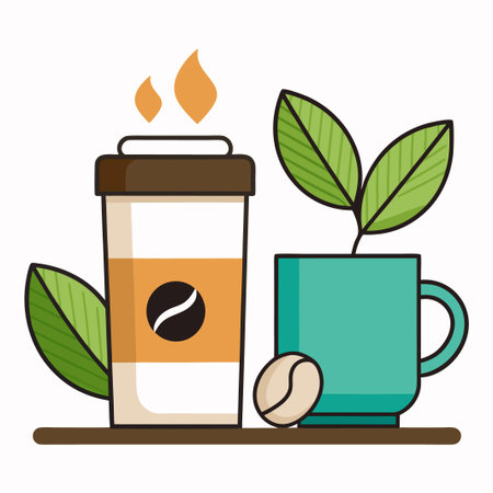 A cartoon illustration of a cup of coffee, a coffee mug, and a coffee bean, with leaves on either side.のイラスト素材