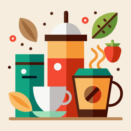 Colorful, flat design illustration of coffee cups, a tea bag, a strawberry and leaves on a table.のイラスト素材