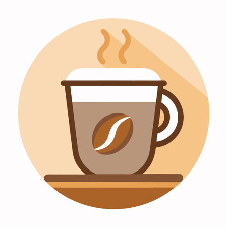 A cup of coffee with a bean inside and foam on top with steam coming off of it sitting on a saucer.のイラスト素材