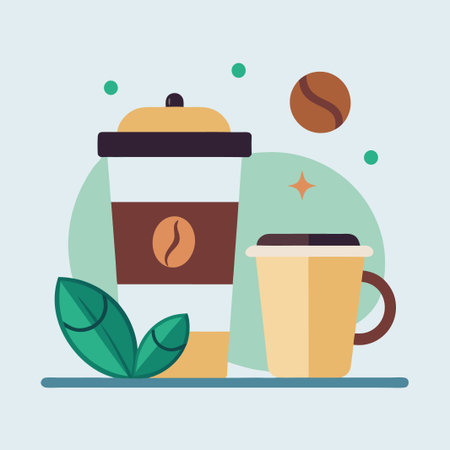 Two coffee cups with a coffee bean and leaves.のイラスト素材