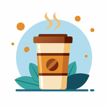 A steaming cup of coffee with a coffee bean design on the side.のイラスト素材