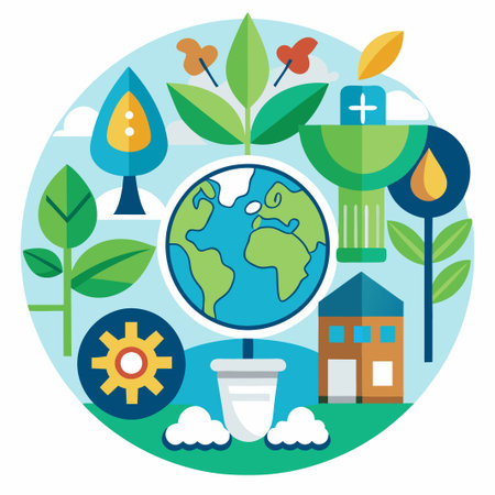Illustration of a globe surrounded by sustainability icons.