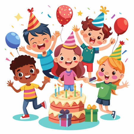 Happy kids celebrating a birthday party with a cake, balloons, and gifts.