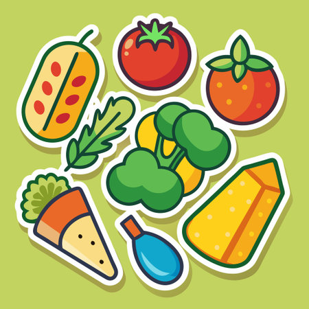 Colorful sticker set of various fruits, vegetables and cheese.のイラスト素材