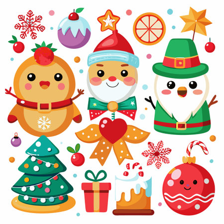 Festive Christmas Characters and Decorations Illustration.のイラスト素材