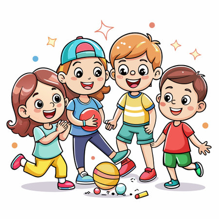 Four kids smiling and playing with different balls.のイラスト素材