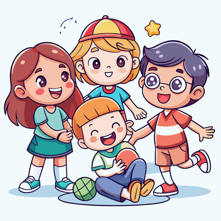 Four happy cartoon children playing together with a ball.のイラスト素材