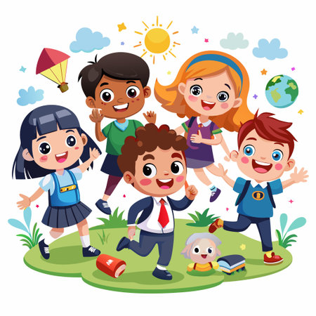Group of happy kids running together on a green grass.のイラスト素材
