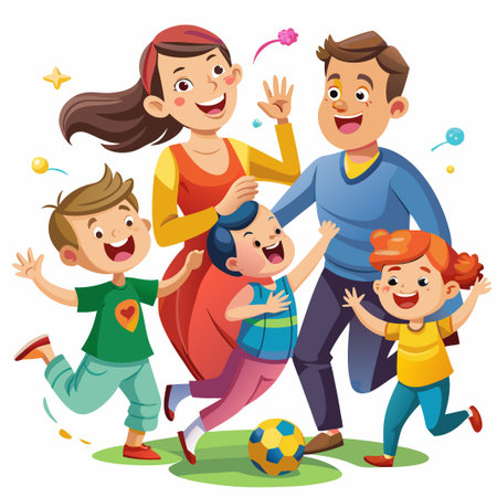 Happy family of four playing soccer with a smile.のイラスト素材