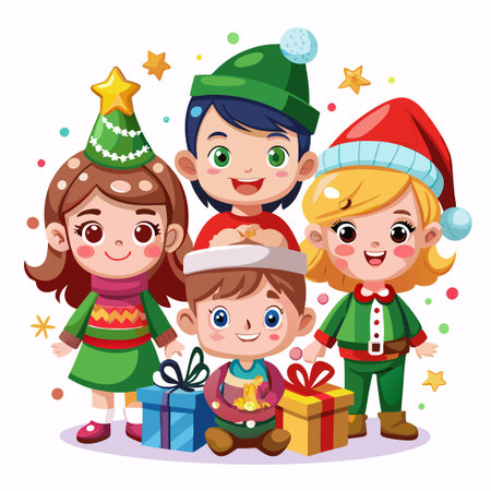 Four kids in Christmas outfits and holding presents.のイラスト素材
