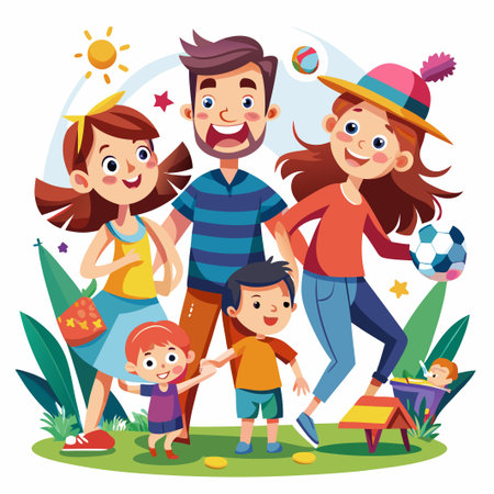 Happy family of four enjoying a sunny day outdoors.のイラスト素材