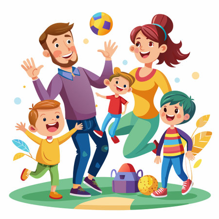 Happy family of four playing outdoors.のイラスト素材