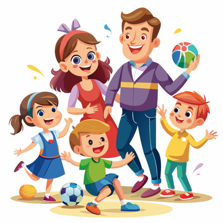 Happy family of four playing together.のイラスト素材