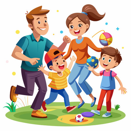 Happy family of four playing with balls in park.のイラスト素材