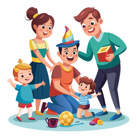 Happy family celebrating birthday with cake, gifts, and toys.のイラスト素材