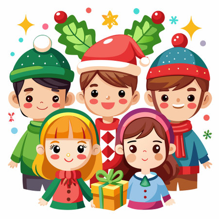 Four smiling children, wearing winter clothes,  one holding a gift, with a christmas theme.のイラスト素材