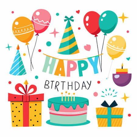 Happy Birthday illustration with colorful balloons, cake, presents and party hats.のイラスト素材