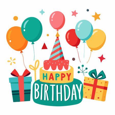 Happy Birthday Illustration with Cake, Balloons, and Presents.のイラスト素材