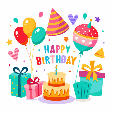 Colorful Birthday Illustration with Cake, Balloons, and Gifts.のイラスト素材