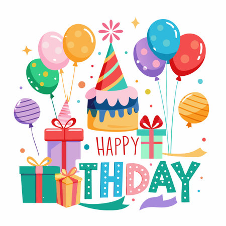 Colorful Birthday Party with Balloons, Cake, and Presents.のイラスト素材