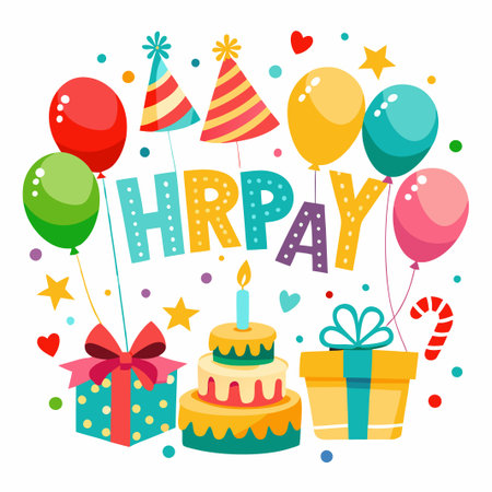 Colorful birthday illustration with cake, presents, balloons, and party hats.のイラスト素材