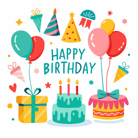 Happy Birthday card with colorful gifts, balloons, cake and party hats.のイラスト素材