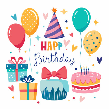 Colorful Birthday Party Illustration with Balloons, Cake, and Gifts.のイラスト素材