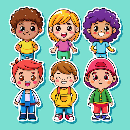 Six cute cartoon kids with diverse appearances.のイラスト素材