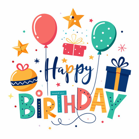 Happy Birthday greeting card with colorful balloons, stars and gifts.のイラスト素材