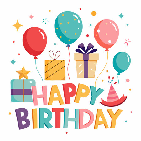 Colorful Happy Birthday card with balloons, gifts and confetti.のイラスト素材