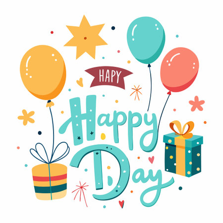 Colorful illustration of "Happy Day" with balloons, gifts, and stars.のイラスト素材