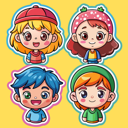 Cute cartoon kids with big eyes and smiles.のイラスト素材