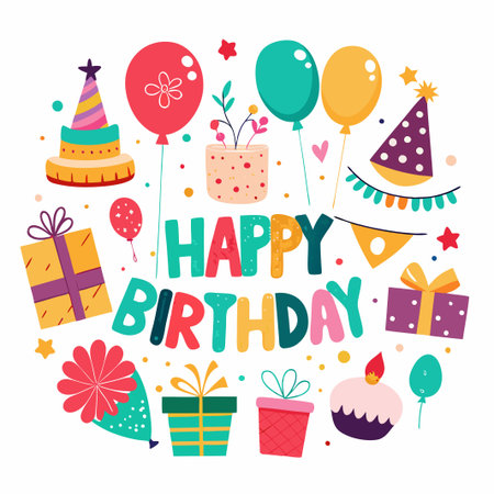 Colorful Happy Birthday card with balloons, gifts, cake, and party hats.のイラスト素材