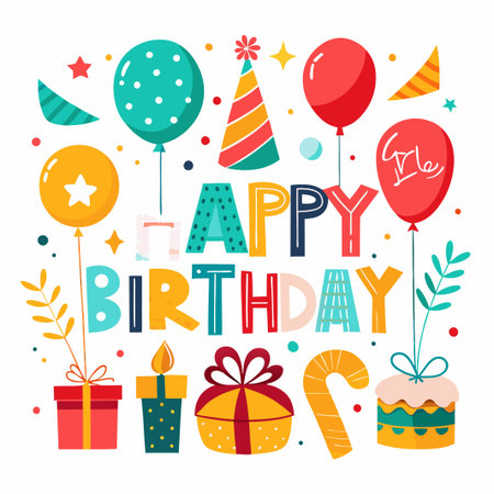Colorful happy birthday card with balloons, presents, candles, and cake.のイラスト素材