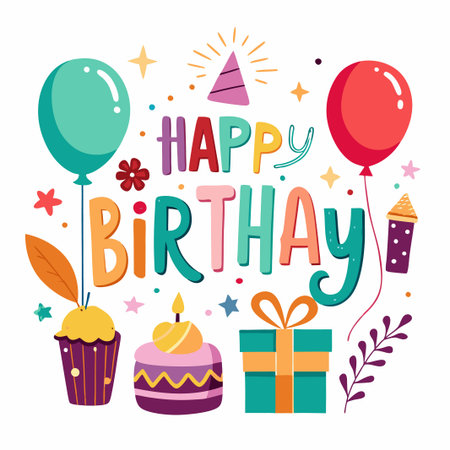 Colorful Happy Birthday Celebration with Balloons, Cake and Gift.のイラスト素材