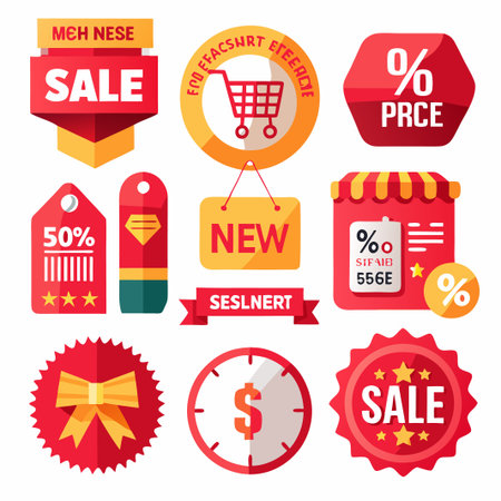 Set of red and yellow sale labels and icons, including a shopping cart, new, and discount signs.のイラスト素材