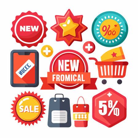 Set of 9 Shopping, Discount, Promotion, and New Product Badges, Labels, and Stickers with Flat Design Style.のイラスト素材