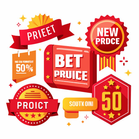 Set of red sale and offer badges and labels with stars and ribbons.のイラスト素材