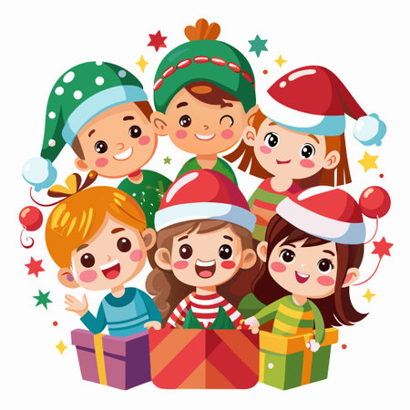 Cute cartoon kids with Christmas hats holding gift boxes.のイラスト素材