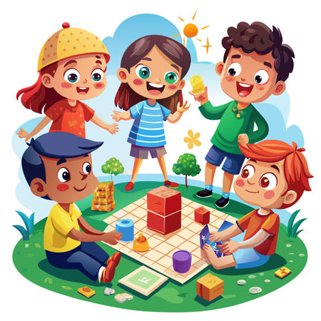 Four kids playing a game in the park.のイラスト素材