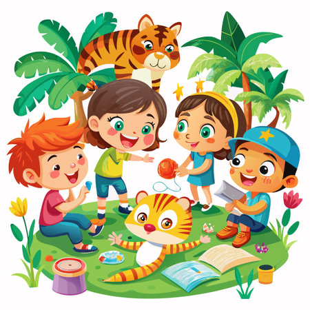 Four children playing in a jungle setting with a tiger.のイラスト素材